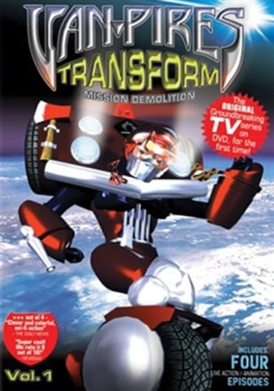 Transforming vehicle with robot arms on a blue sky background, featuring text 'Vampires Transform Mission Demolition'.