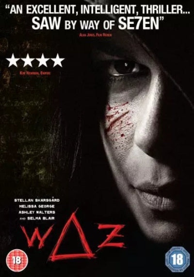 Movie poster for 'WAZ' with a close-up of a person's face and text about the film.