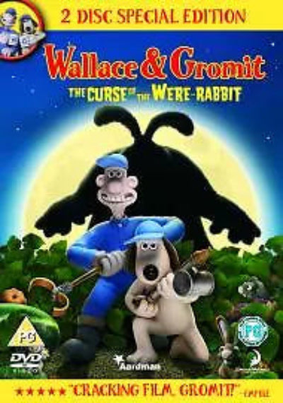 DVD cover of 'Wallace & Gromit: The Curse of the Were-Rabbit' with characters and a dark sky.