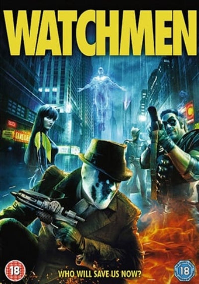 Movie poster for 'Watchmen' with characters in a cityscape at night.