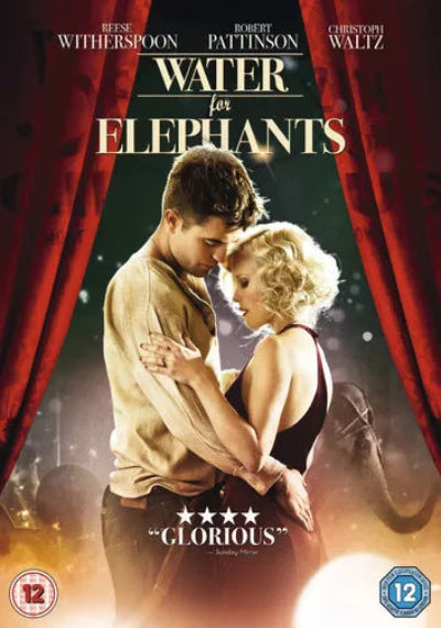 Movie poster for 'Water for Elephants' with two characters embracing, red curtains on either side.