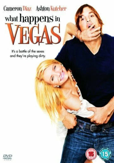 Movie poster for 'What Happens in Vegas' featuring two people embracing with text about a battle of the sexes.