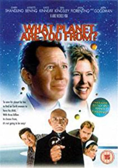 Movie poster for 'What Planet Are You From?' featuring a man and woman with space-themed elements.