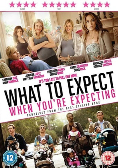 Movie poster for 'What to Expect When You're Expecting' with multiple people and babies.