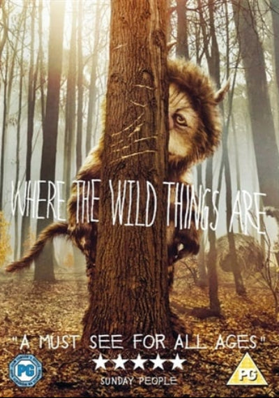Movie poster for 'Where the Wild Things Are' with a wolf peeking from behind a tree in a forest.