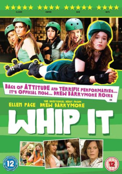 Movie poster for 'Whip It' featuring two women in green helmets and rollerblades.
