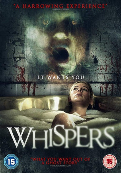 Movie poster for 'Whispers' featuring a woman in a bathtub with a恐怖 bear-like creature behind her.
