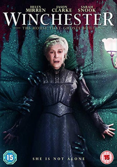 Movie poster for 'Winchester' featuring Helen Mirren with a dark, eerie background.