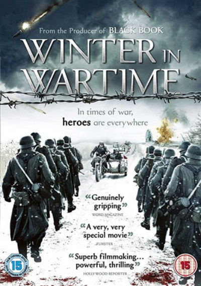 Movie poster for 'Winter in Wartime' featuring soldiers and a barbed wire fence.