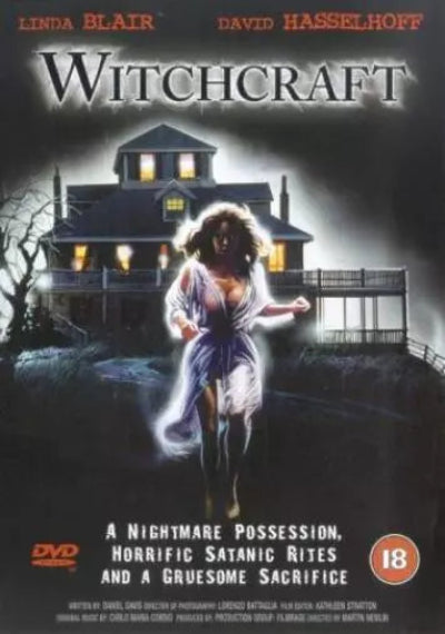 DVD cover of 'Witchcraft' featuring a woman running from a house with text about the movie.