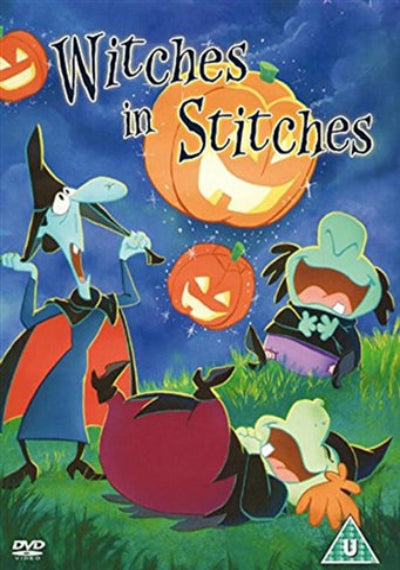 Cartoon-style movie poster for 'Witches in Stitches' with pumpkins and witches.