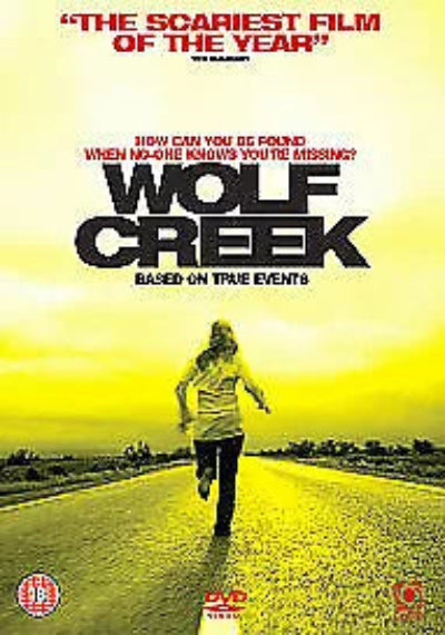 Movie poster for 'Wolf Creek' with a person running on a road and a yellow background.