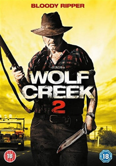Movie poster for 'Wolf Creek 2' featuring a character holding a weapon with a yellow background.