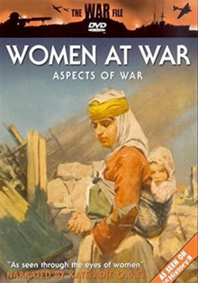 DVD cover of 'Women at War: Aspects of War' with a woman carrying a child in a war-torn setting.