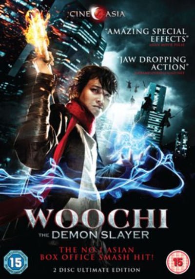 Movie poster for 'Woochi: The Demon Slayer' with a character in a fantasy setting.