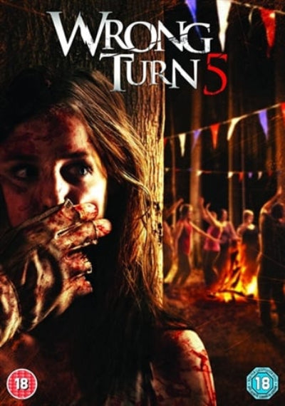 Movie poster for 'Wrong Turn 5' with a woman holding a knife and people around a campfire.
