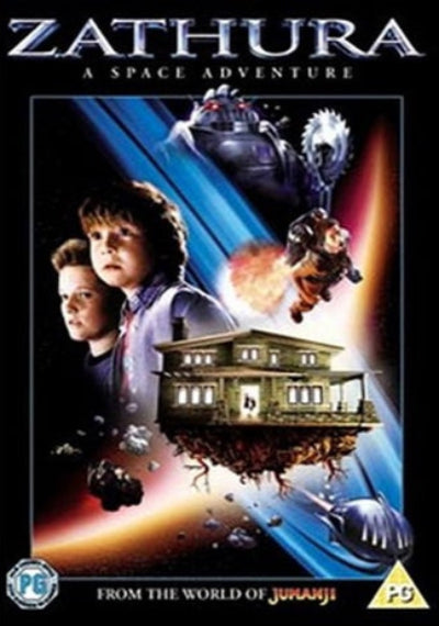 Movie poster for 'Zathura: A Space Adventure' with two children and space-themed elements.