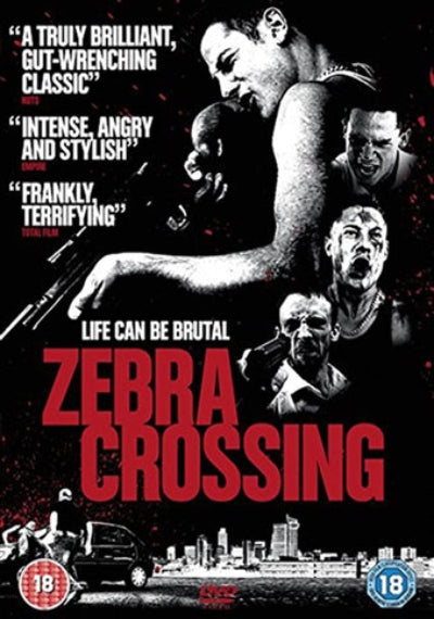 Movie poster for 'Zebra Crossing' with intense text and images of people.