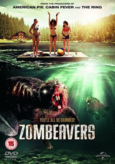 Movie poster for 'Zombeavers' featuring three women on a raft and a creature underwater.