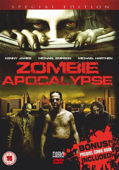 Movie poster for 'Zombie Apocalypse' with zombies and a cityscape in the background.
