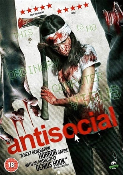Movie poster for 'antisocial' with a person holding an axe and text about horror genre.