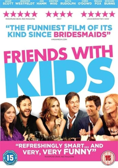 Movie poster for 'Friends with Kids' featuring a group of people at a table with promotional text and ratings.