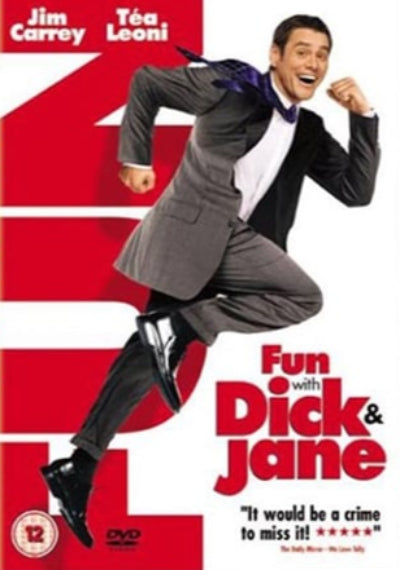 DVD cover of 'Fun with Dick & Jane' featuring a man in a suit and bow tie on a red and white background.