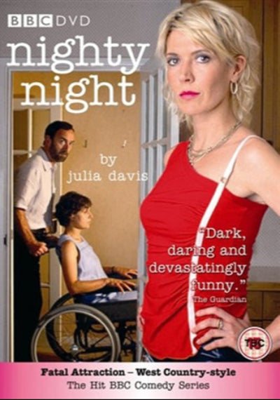 DVD of 'Nighty Night' by Julia Davis featuring a woman in a red dress and a man with a child in a wheelchair.