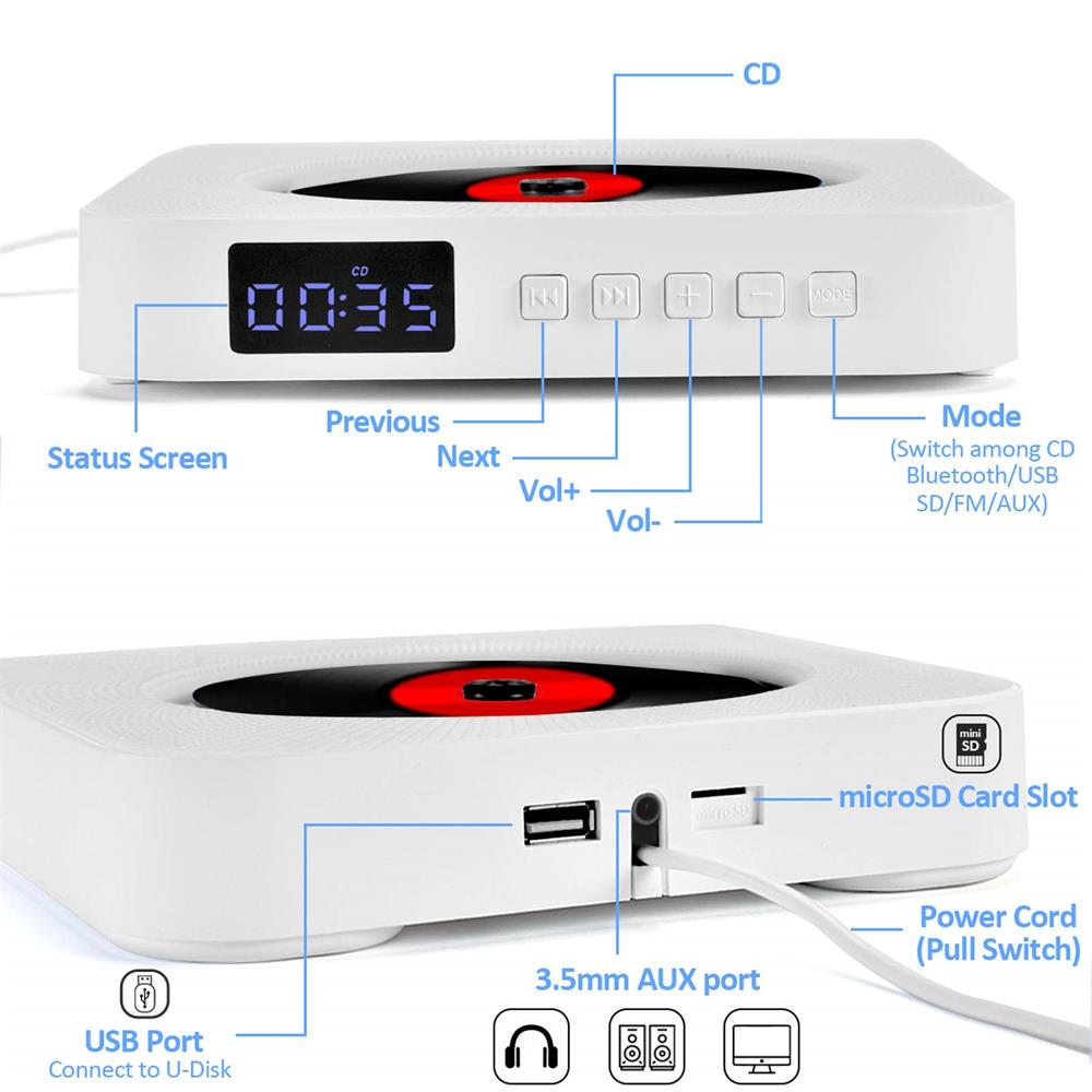 Onvian Wall Mounted CD Player Surround Sound FM Radio Bluetooth USB MP3 Disk Portable Music Player Remote Control Stereo Speaker Pick and Sell the shop for Stay Home Entertainment Packs.!! CDP